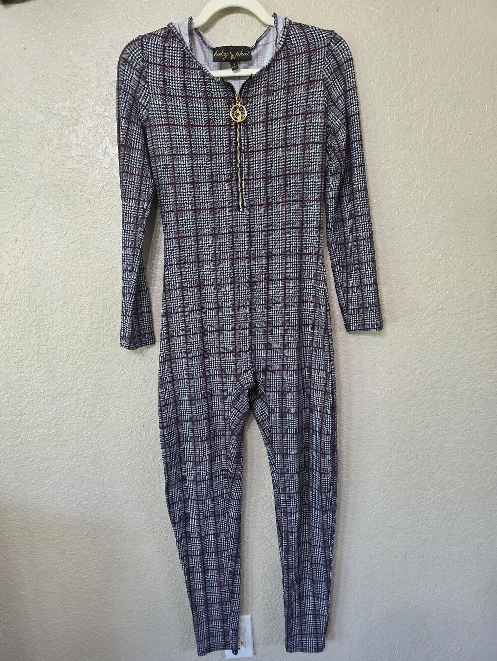 Baby Phat Plaid Hooded Soft One-Piece Jumpsuit - Burgundy, Gray